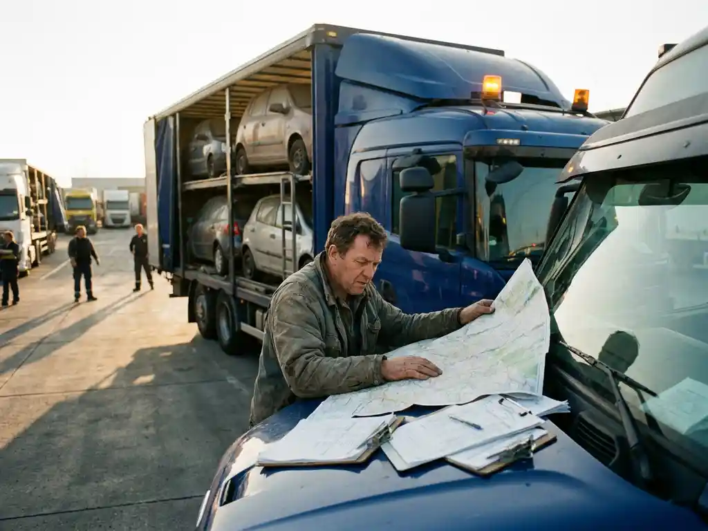 Lieferwagenfahrer studiert frustriert Routenkarte am Logistikdepot, Armaturenbrett voller Lieferpläne und Klemmbrett