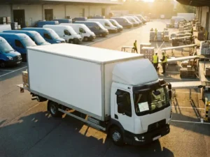 Weißer Lieferwagen mit offenem Laderaum am Verteilzentrum, Tablet zeigt Routenoptimierung, weitere Fahrzeuge im Hintergrund