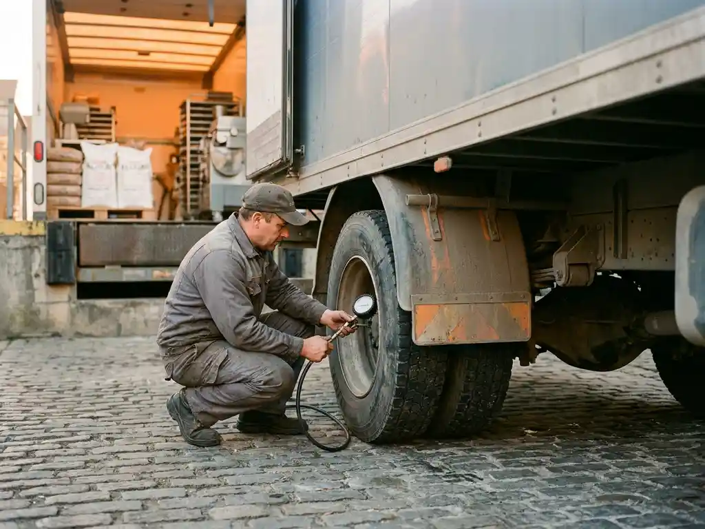 Mechaniker prüft Reifendruck am Hinterrad eines Lieferwagens vor einer Bäckerei-Laderampe im Morgenlicht.
