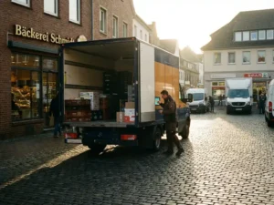 Lieferwagen mit geöffneten Hecktüren vor deutscher Bäckerei, Fahrer prüft Routenplanung auf Tablet im Armaturenbrett
