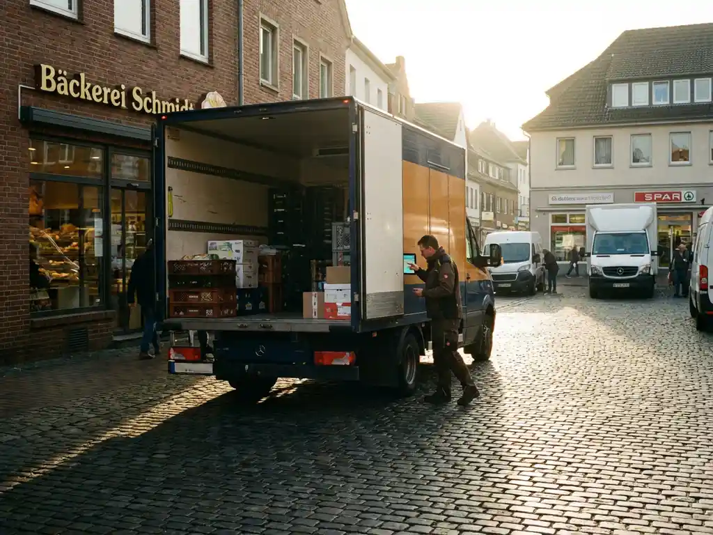 Lieferwagen mit geöffneten Hecktüren vor deutscher Bäckerei, Fahrer prüft Routenplanung auf Tablet im Armaturenbrett