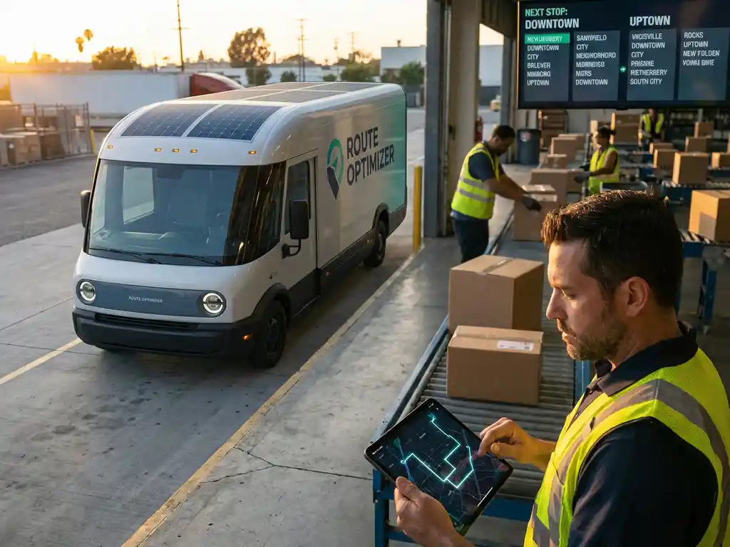 Moderner Lieferwagen mit Routenoptimierung am städtischen Verteilzentrum, Fahrer mit Tablet beim Paketladen
