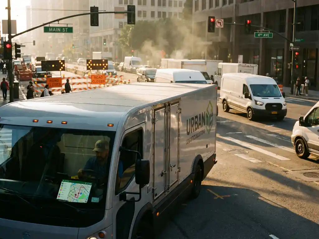 Lieferwagen an städtischer Kreuzung, Fahrer prüft Tablet mit Routendaten, Verkehr und Baustellen im Hintergrund