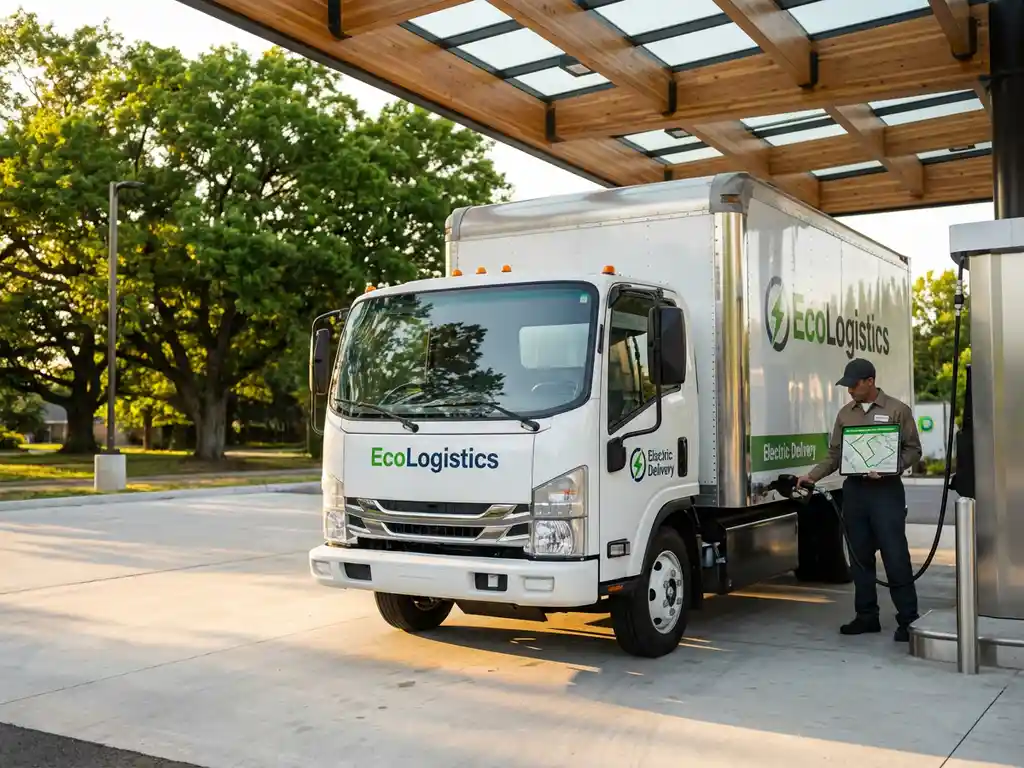Weißer Lieferwagen an moderner Tankstelle, Fahrer prüft Tablet mit Routendaten während des Tankens bei goldenem Licht