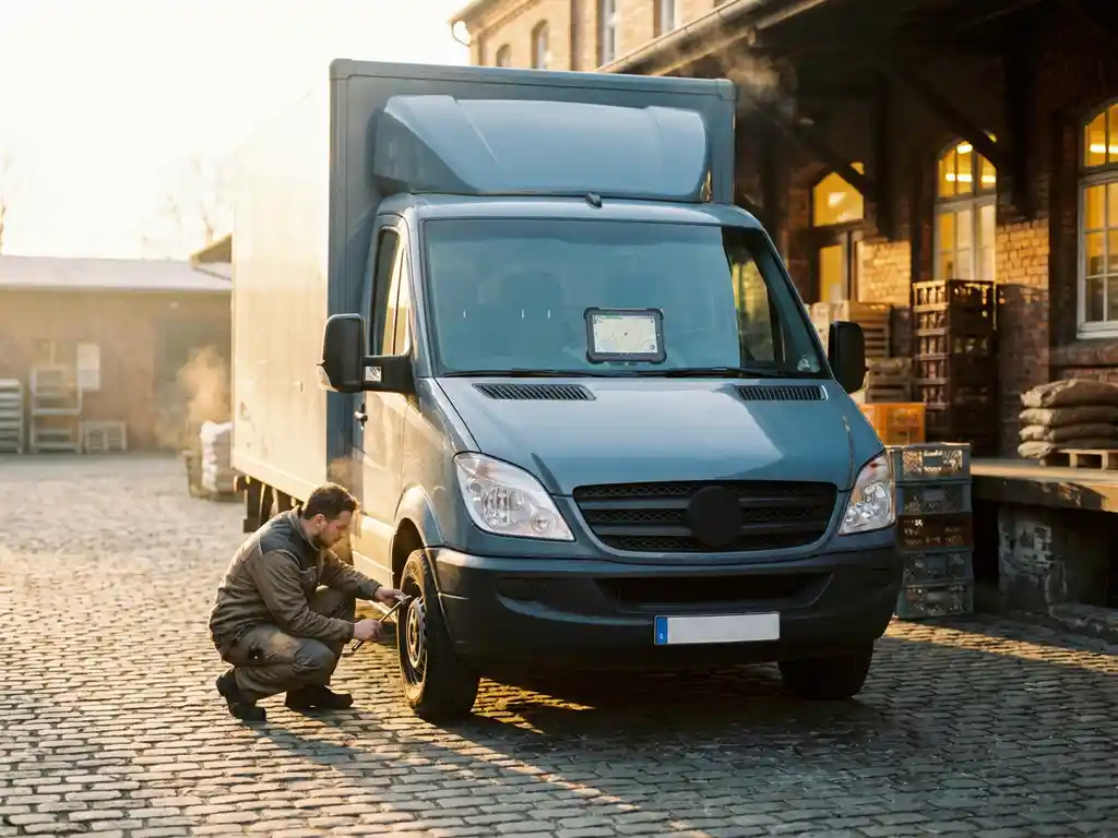 Lieferwagen an Bäckerei-Laderampe bei Sonnenaufgang, Mechaniker prüft Reifen, Flottentelematik-Tablet im Armaturenbrett sichtbar.