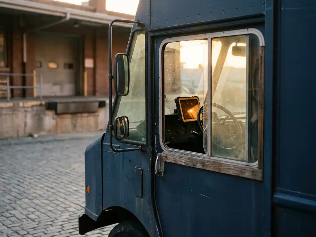 Lieferwagen vor Bäckerei-Laderampe im Morgengrauen mit leuchtendem Flottentelematik-Tablet im Armaturenbrett, goldenes Sonnenlicht auf Kopfsteinpflaster.