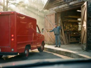 Roter Lieferwagen rückwärts an Werkstatt-Eingang, Handwerker dirigiert mit Handsignalen, offene Holztüren zeigen organisierte Werkzeuge