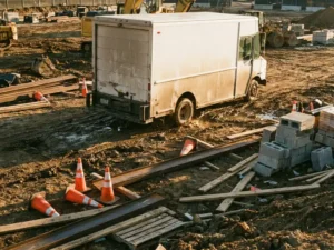 Lieferwagen steckt im Schlamm einer Baustelle fest, umgeben von umgestürzten Verkehrskegeln und Baumaterialien