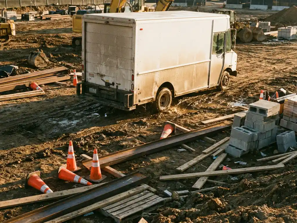 Lieferwagen steckt im Schlamm einer Baustelle fest, umgeben von umgestürzten Verkehrskegeln und Baumaterialien