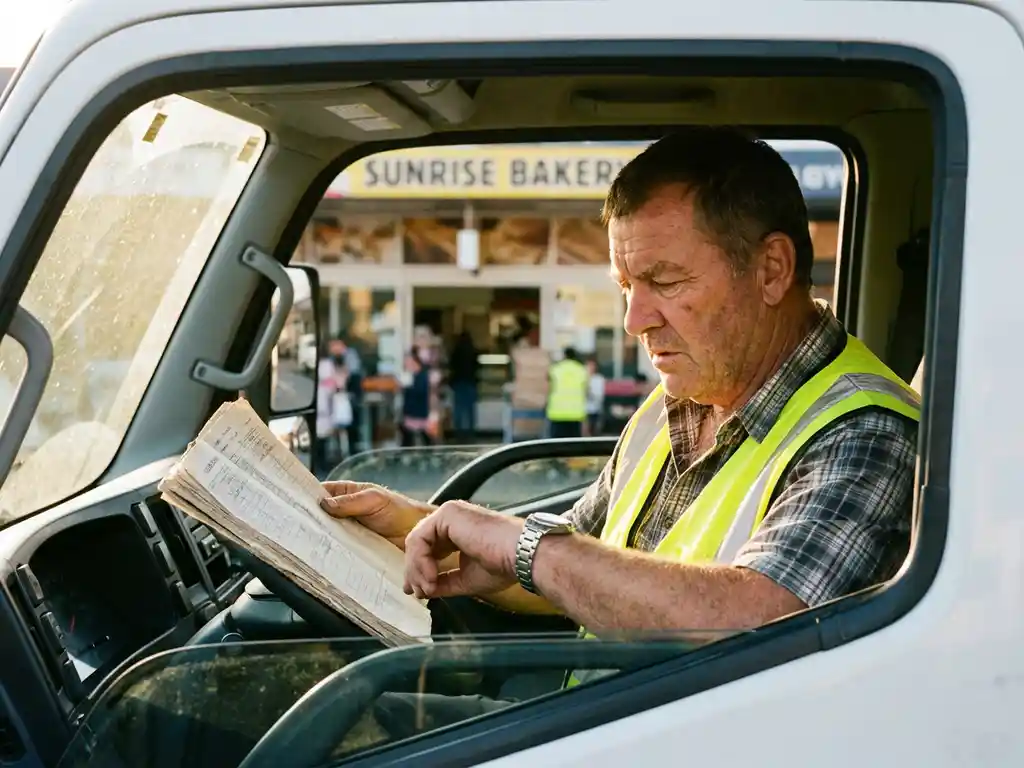 Professioneller LKW-Fahrer in Warnweste prüft Armbanduhr und Fahrtenbuch im Führerhaus vor Bäckerei im Morgenlicht