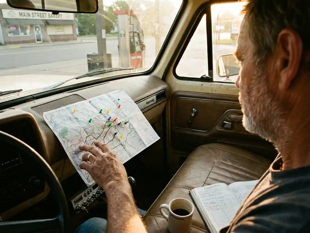 Lkw-Fahrer studiert Routenkarte mit bunten Markierungen am Armaturenbrett, Morgenlicht scheint durch Fenster, Kaffeetasse daneben