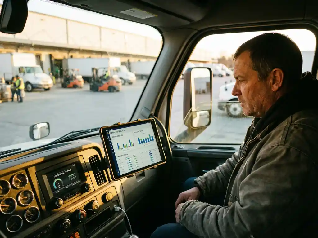 Lkw-Fahrer prüft Tablet mit Routenanalyse im Fahrerhaus, Verteilzentrum mit Lieferwagen im Hintergrund