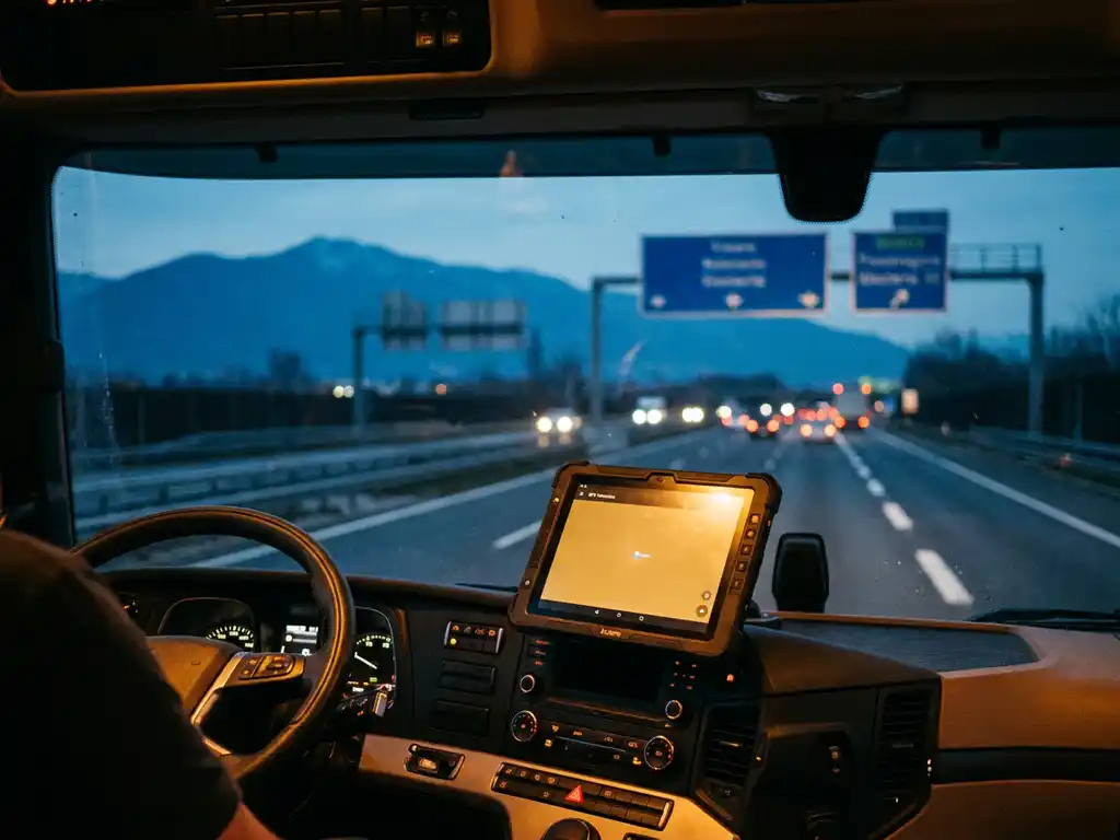 Lkw-Fahrerhaus auf europäischer Autobahn in der Abenddämmerung, GPS-Telematik-Tablet im Armaturenbrett leuchtend, Bergpanorama am Horizont.