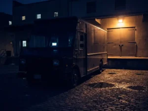 Lieferwagen mit GPS-Telematikgerät an der Windschutzscheibe, verriegelte Ladeluke im Amber-Licht eines nächtlichen Bäckereihofs.