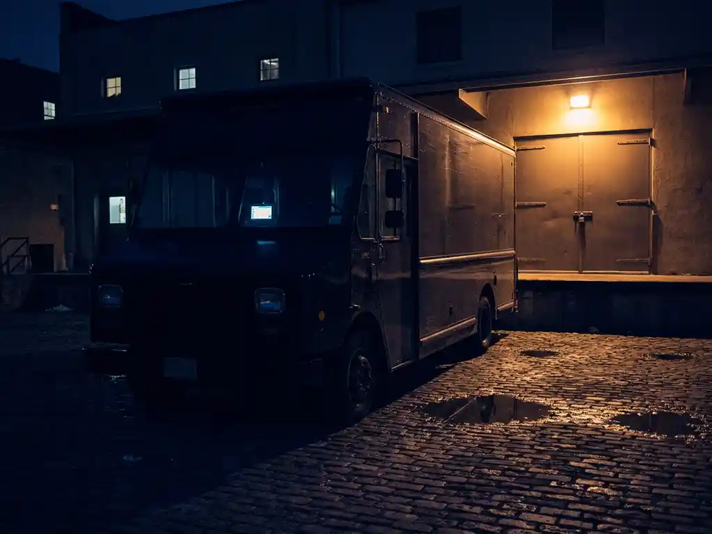 Lieferwagen mit GPS-Telematikgerät an der Windschutzscheibe, verriegelte Ladeluke im Amber-Licht eines nächtlichen Bäckereihofs.