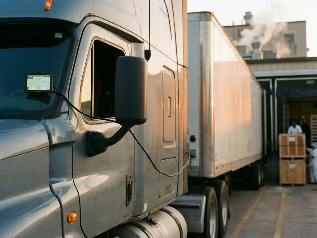 GPS-Tracking-Gerät im Lkw-Fahrerhaus, verbunden mit Kühlanhänger beim Bäckerei-Ladevorgang im frühmorgendlichen Licht.