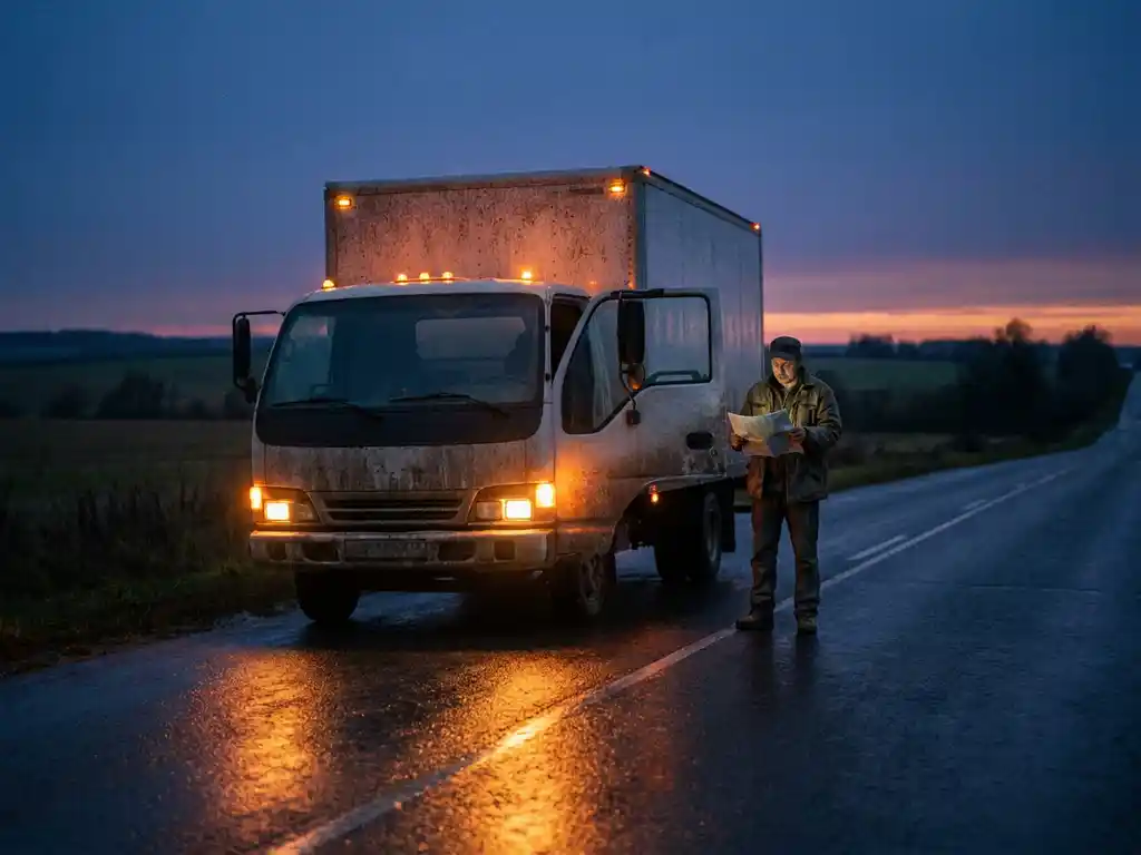 Lieferfahrer steht ratlos neben gestopptem LKW auf ländlicher Straße bei Dämmerung mit eingeschalteten Warnblinklichtern.