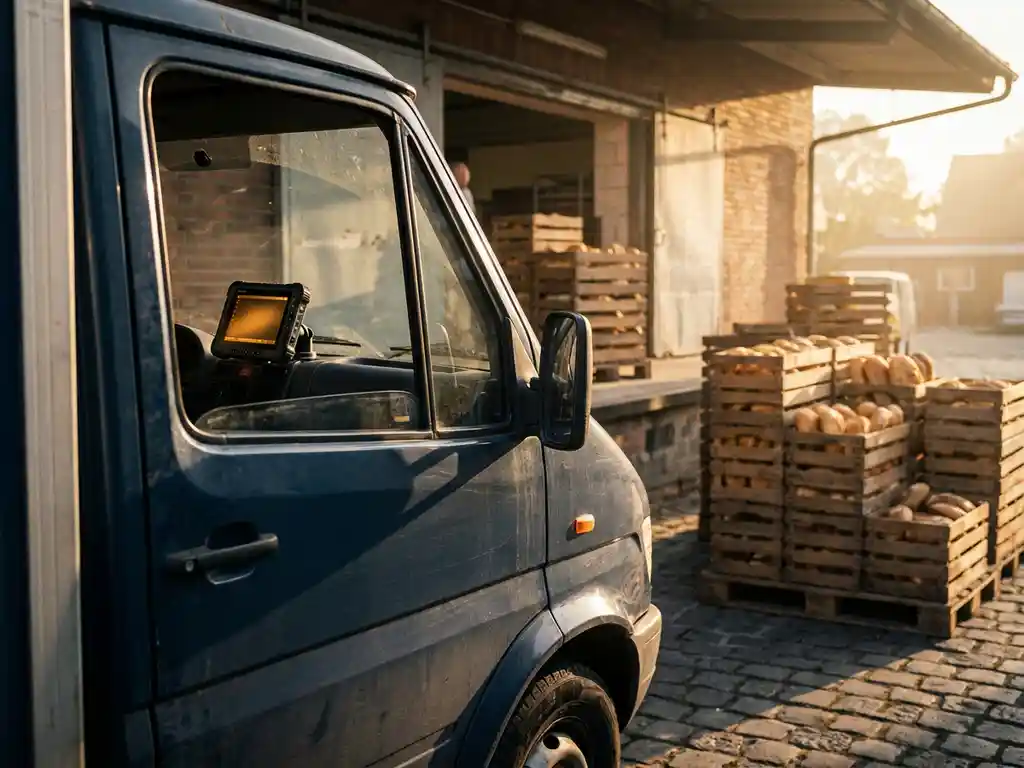 Schwerer Lieferwagen an Bäckerei-Laderampe bei goldenem Morgenlicht, Flottentelematik-Tablet im Armaturenbrett, Brotlieferkisten im Hintergrund.