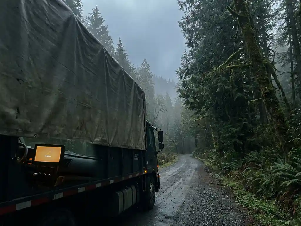 Lieferwagen fährt durch bewaldete Talstraße bei bedecktem Himmel, GPS-Telematikgerät leuchtet schwach auf dem Armaturenbrett.