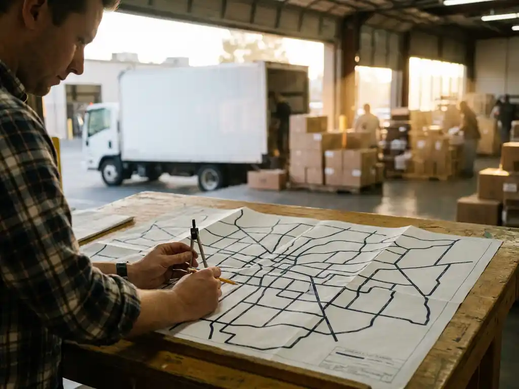 Logistikplaner studiert detaillierte Routenkarte am Holztisch, weißer Lieferwagen an Bäckerei-Laderampe im Hintergrund