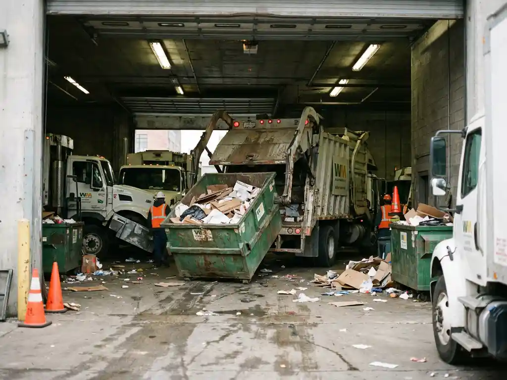 Müllfahrzeug mit Hydraulikarm entleert grünen Container an überfülltem städtischem Recyclinghof mit Verkehrsstau