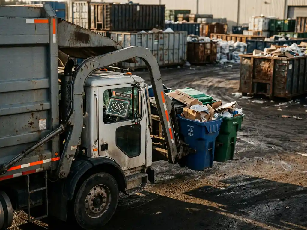 Müllfahrzeug mit hydraulischen Greifarmen an überfüllten Recyclingbehältern, Tablet im Fahrerhaus zeigt ineffiziente Zickzack-Routen