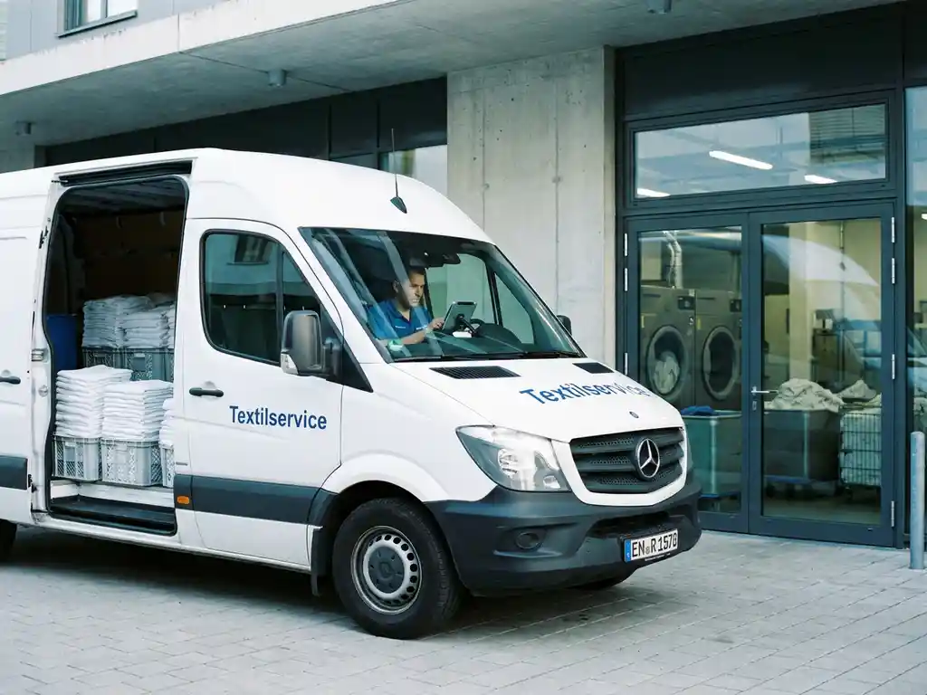 Weißer Lieferwagen mit Textilservice-Beschriftung vor moderner Wäscherei, Fahrer mit Tablet, gestapelte Wäsche im Laderaum